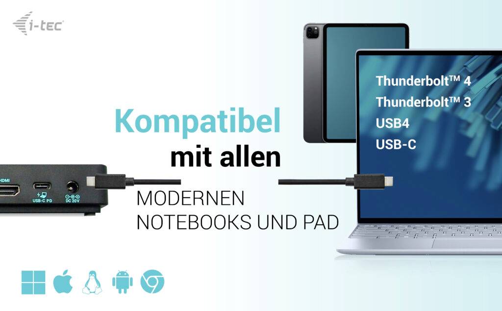 Externí dokovací stanice, kompatibilní s moderními notebooky a tablety. Podporuje Thunderbolt 4, Thunderbolt 3, USB4, USB-C.