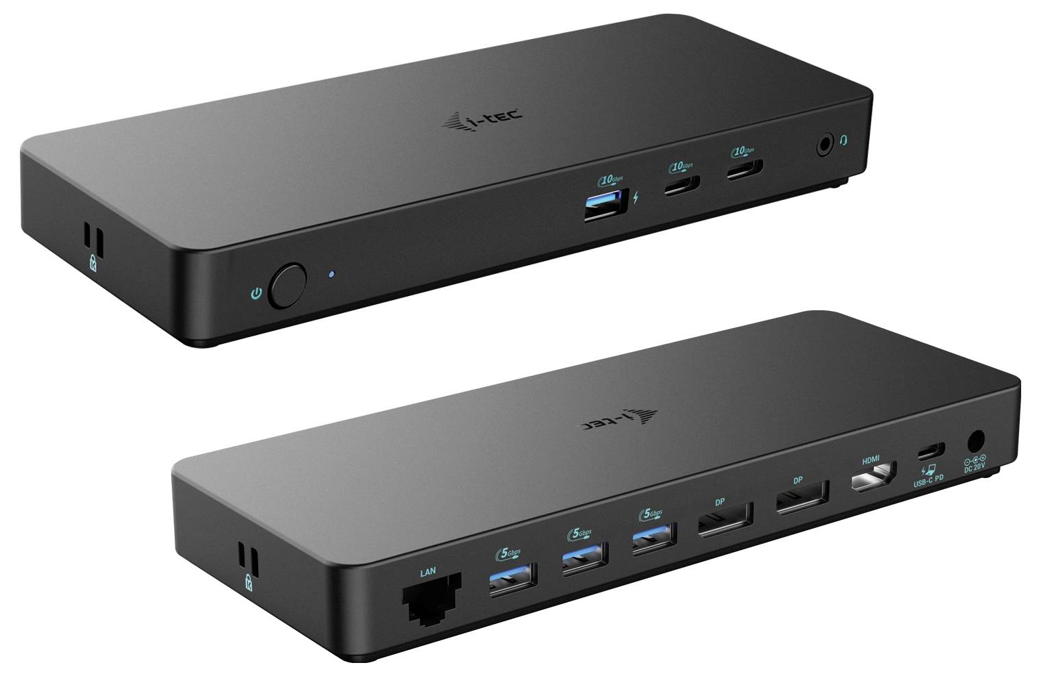 Dvě černé dokovací stanice s několika porty jako USB, HDMI a Ethernet. Horní zařízení je vidět z boku, spodní ze shora.