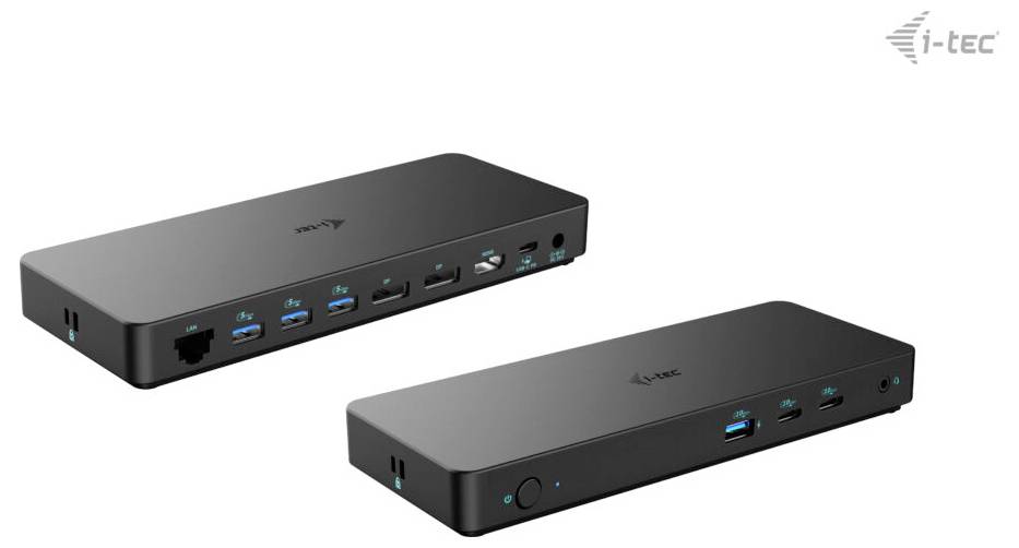 Dvě černé dokovací stanice s několika porty, včetně USB, HDMI a ethernetových konektorů, jsou zobrazeny vedle sebe.