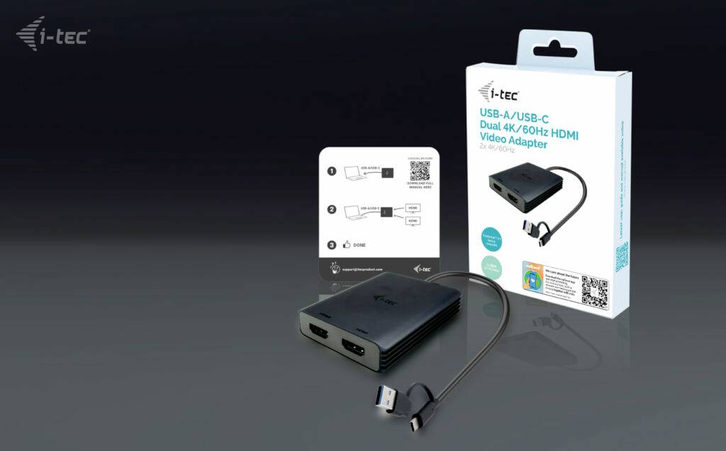 USB-A/USB-C duální adaptér HDMI pro 4K/60Hz zobrazení vedle obalu a návodu. Adaptér s HDMI a USB-C konektory, vhodný pro obrazová řešení.