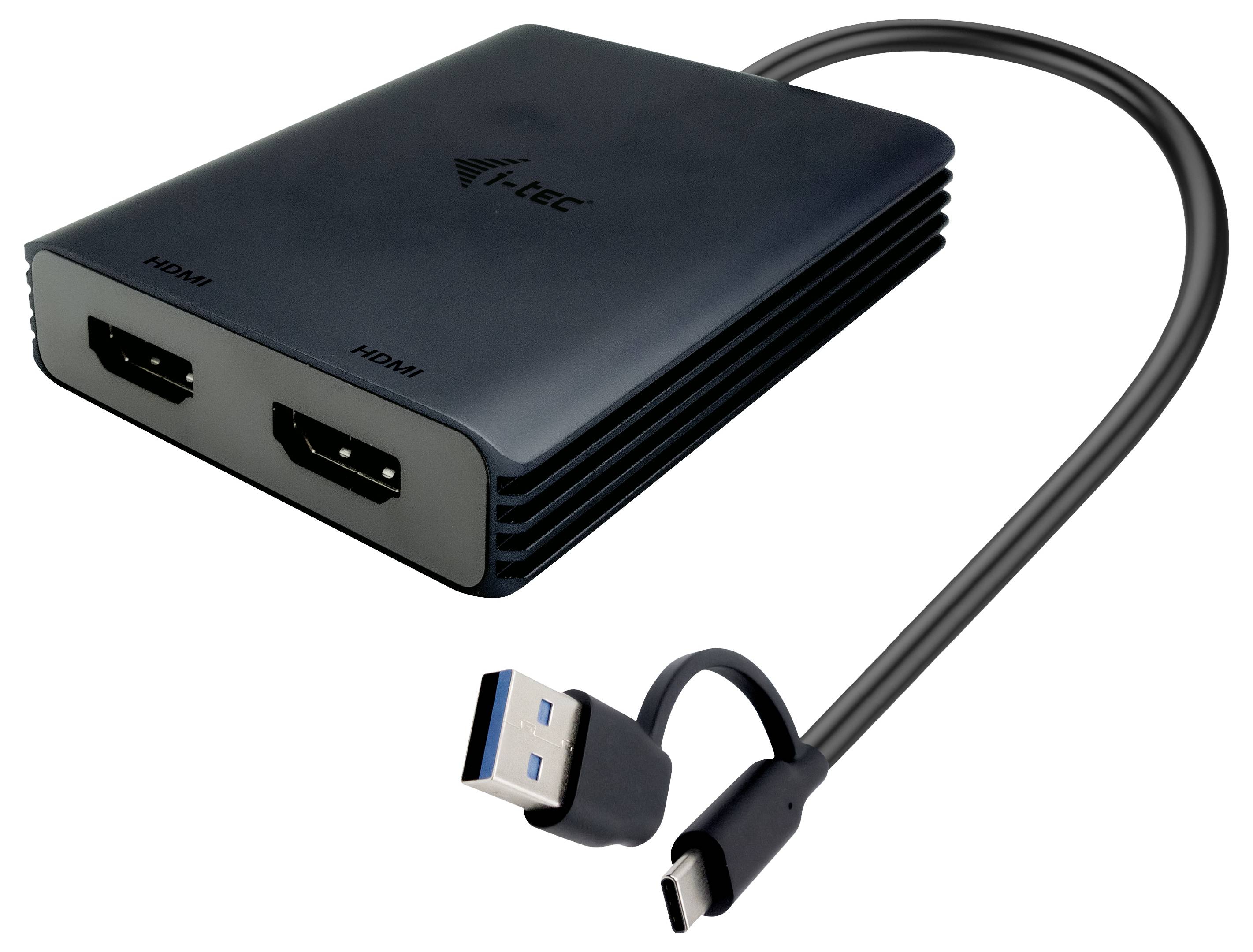 Černý adaptér se dvěma HDMI porty, propojený kabelem s konektory USB-C a USB-A.