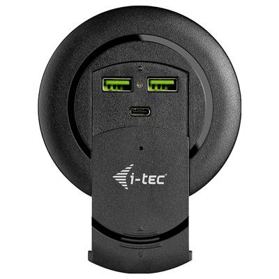 Černá nabíječka s nápisem 'i-tec', která má dva zelené USB porty a jeden černý USB-C port.