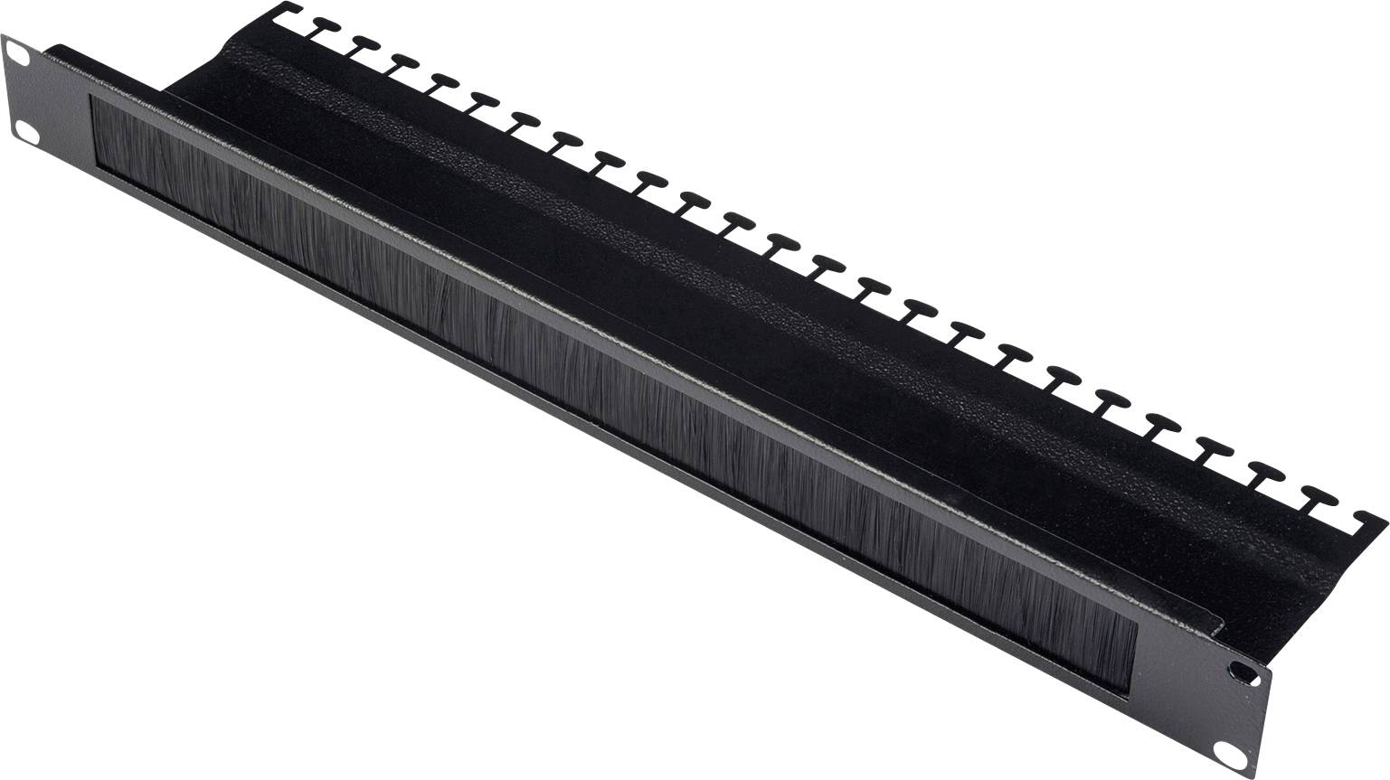 Kovový a plastový panel pro správu kabeláže s kartáčovou vložkou pro uspořádání a zakrytí kabelů v serverové skříni.