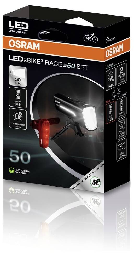 Balení LED cyklosvětla od OSRAMu. Obsahuje údaje jako '50 lumenů', '2 roky záruky' a symboly vodotěsnosti.