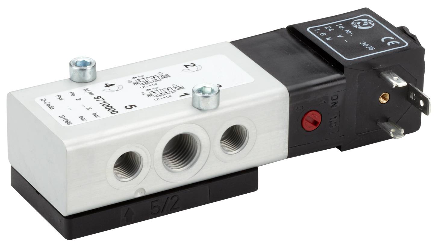 Elektromagnetický ventil s kovovým pouzdrem a několika připojeními. Na horní straně jsou umístěny technické identifikační značky.