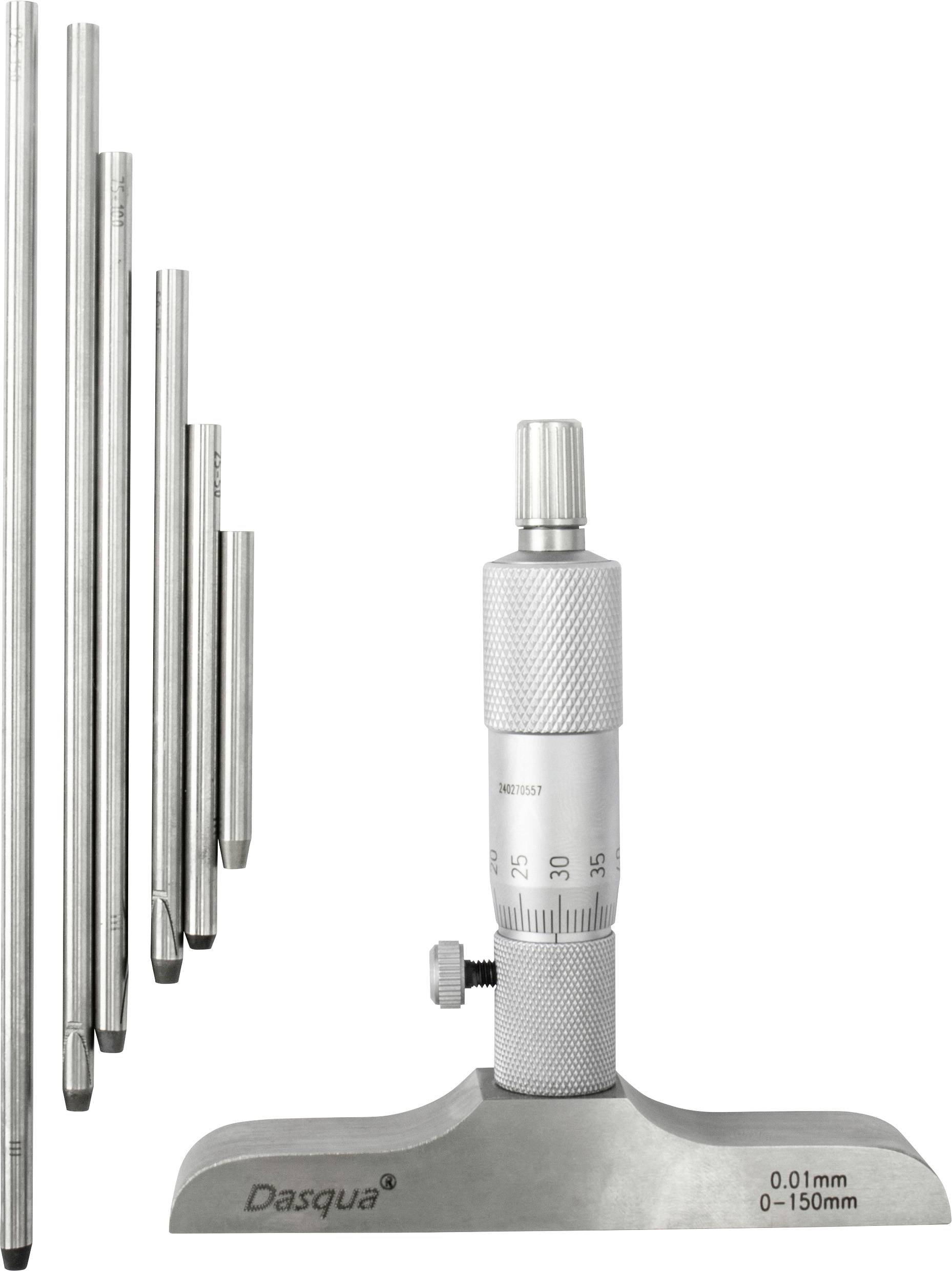 Digitální mikrometr se šestihranným vřetenem, určený pro přesné měření od 0 do 150 mm, s hodnotami stupnice po 0,01 mm. Název značky dole.