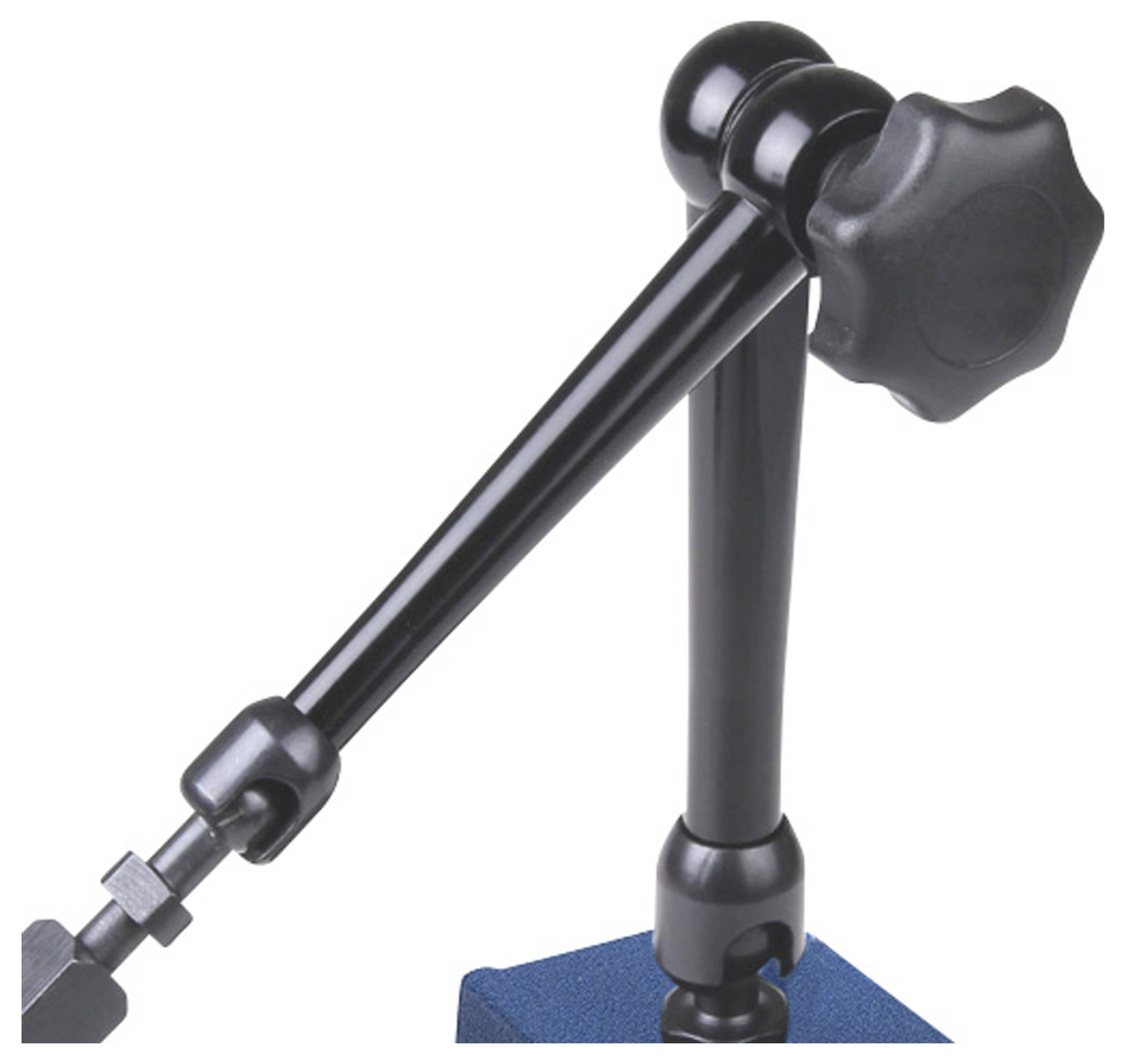 Držák s nastavitelným ramenem a otočným knoflíkem, vhodný pro upevnění přesných měřicích přístrojů nebo nástrojů na pevnou základnu.