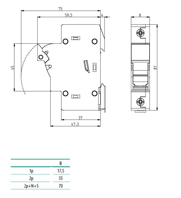 Technický výkres elektrického spínače, zobrazuje rozměry: 75x59,5x47,3 mm. Tabulka níže ukazuje šířky pro 1p, 2p, 2p+N+S.
