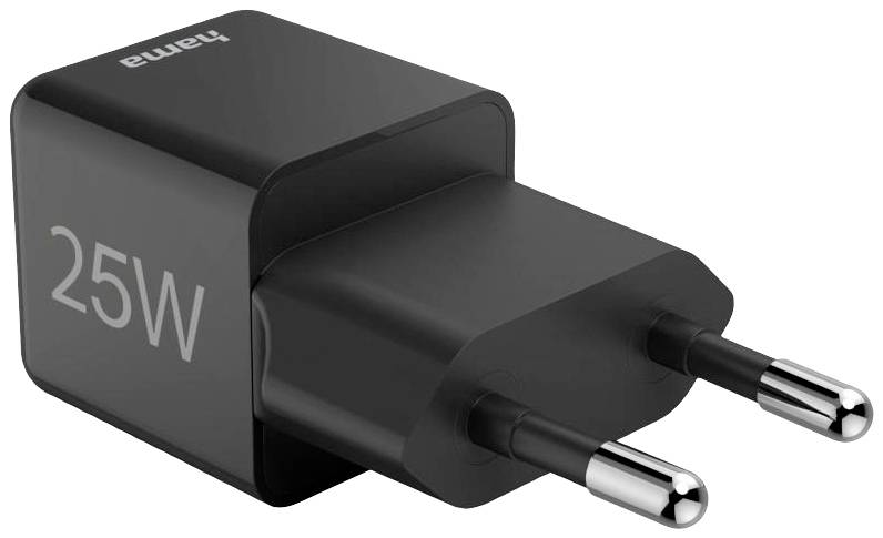 Černá nabíječka se síťovou zástrčkou a označením '25W' od značky Hama. Vhodná pro rychlé nabíjení elektronických zařízení.