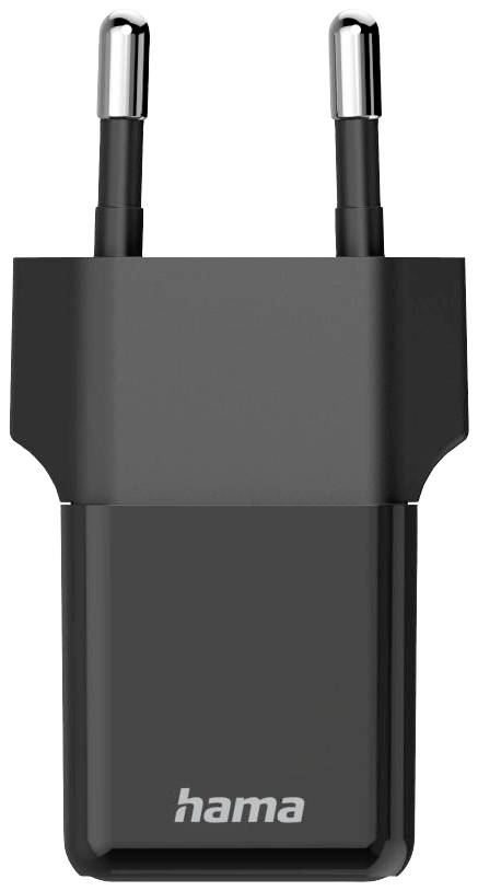 Černá USB nabíječka se dvěma kontakty, s vytištěným názvem značky „hama".