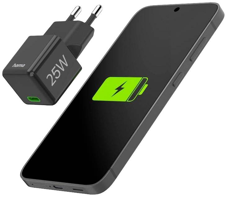 Smartphone a nabíječka s nápisem '25W'. Displej smartphonu zobrazuje zelený symbol nabíjení.