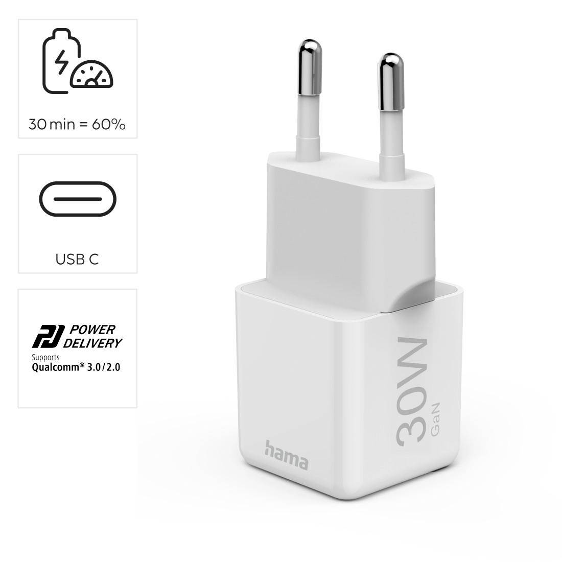 Bílá USB-C nabíječka s nápisem '30W GaN', podporující Power Delivery a rychlonabíjecí verze Qualcomm 3.0/2.0.