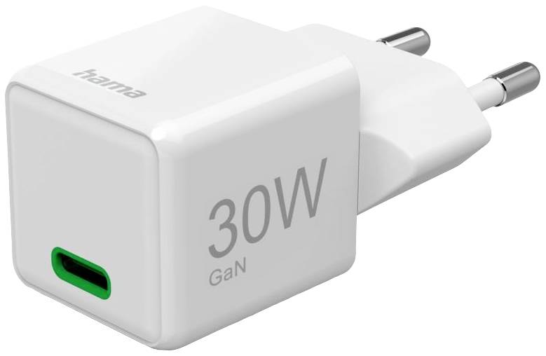 Bílá Hama USB-C nabíječka s 30W GaN technologií a eurokonektorem, vhodná pro rychlé nabíjení elektronických zařízení.