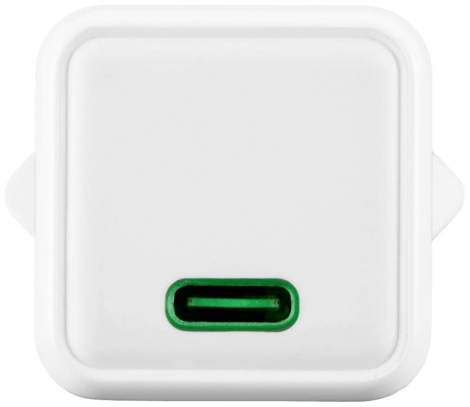 Bílý USB-C nabíjecí adaptér s zeleným konektorem, zobrazený čelně.