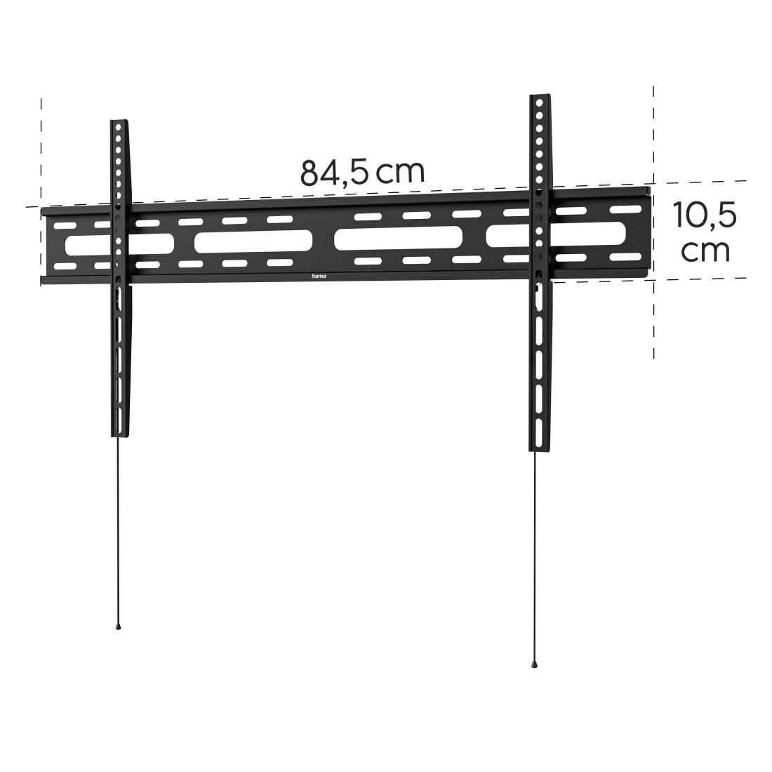 Nástěnný držák TV s černou kovovou konstrukcí; šířka 84,5 cm, výška 10,5 cm. Vhodný pro ploché obrazovky.