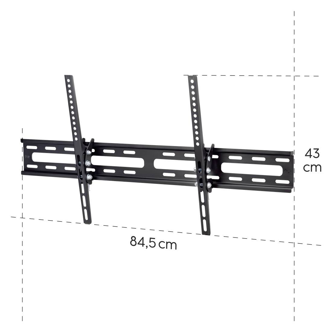 Černý nástěnný držák na TV o rozměrech 43 cm výšky a 84,5 cm šířky, vhodný pro upevnění plochého televizoru.