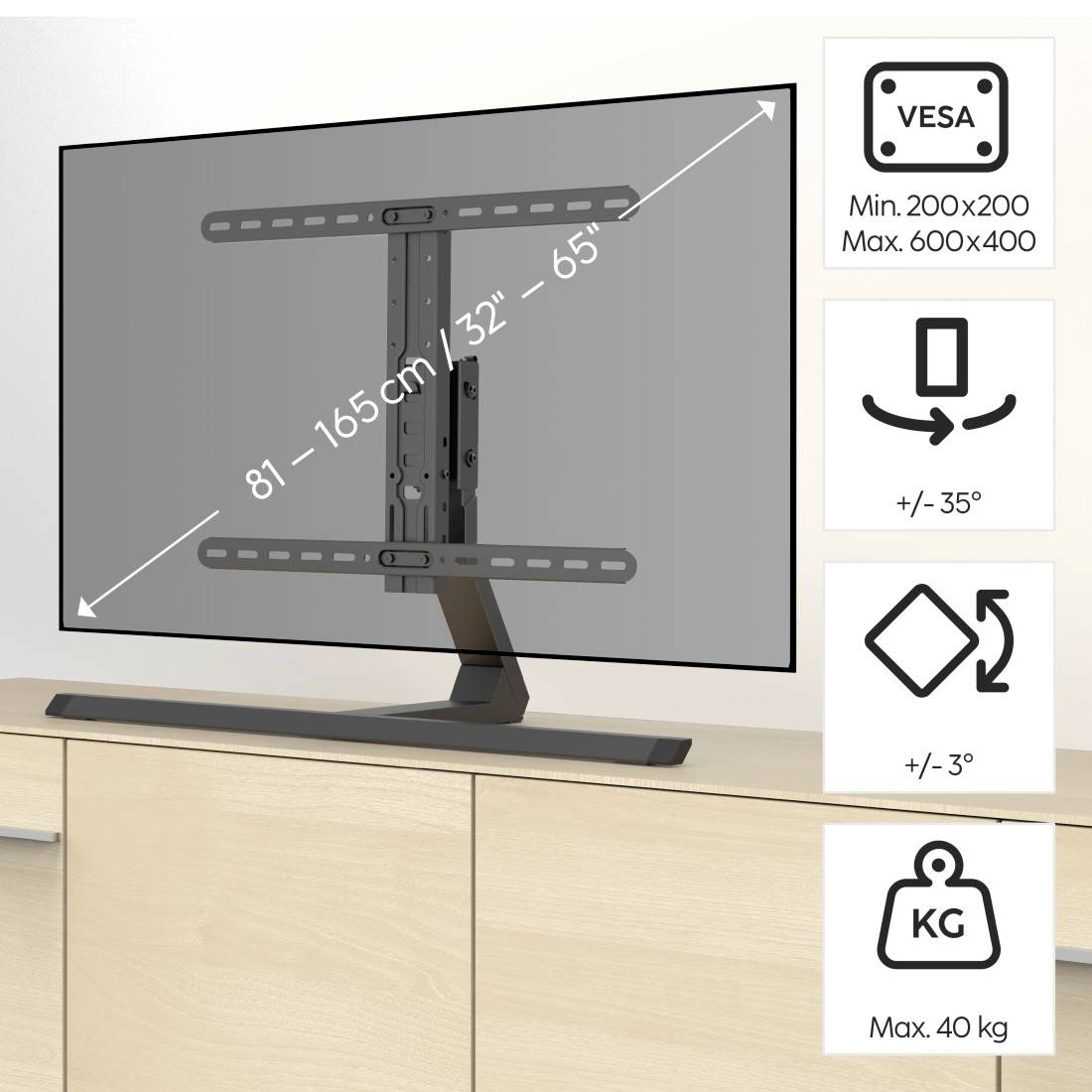Tento obrázek znázorňuje nastavitelný TV držák na stěnu pro obrazovky o velikosti 32 až 65 palců s maximální nosností 40 kg.
