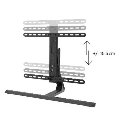 Nástěnný držák na televizi s nastavitelnou výškou ±15,5 cm. Ukazuje flexibilní možnosti umístění.