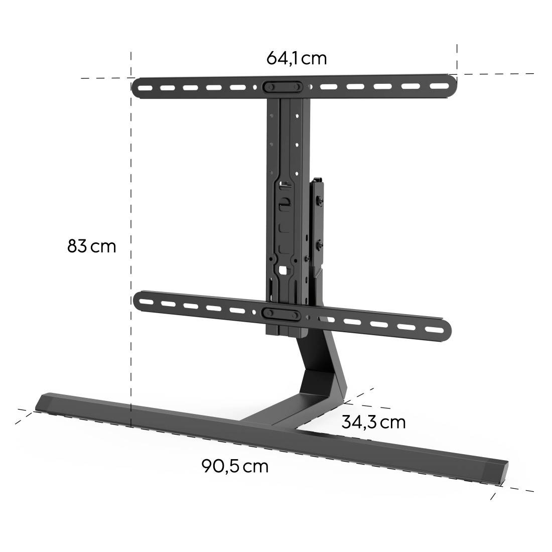 'TV stojan s nastavitelnou výškou, 83 cm vysoký. Horizontální držák 64,1 cm široký, základna 90,5 cm dlouhá, 34,3 cm hluboká.'