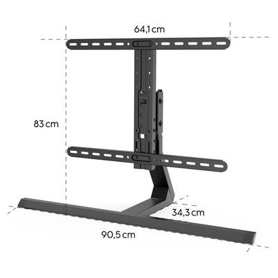 'TV stojan s nastavitelnou výškou, 83 cm vysoký. Horizontální držák 64,1 cm široký, základna 90,5 cm dlouhá, 34,3 cm hluboká.'