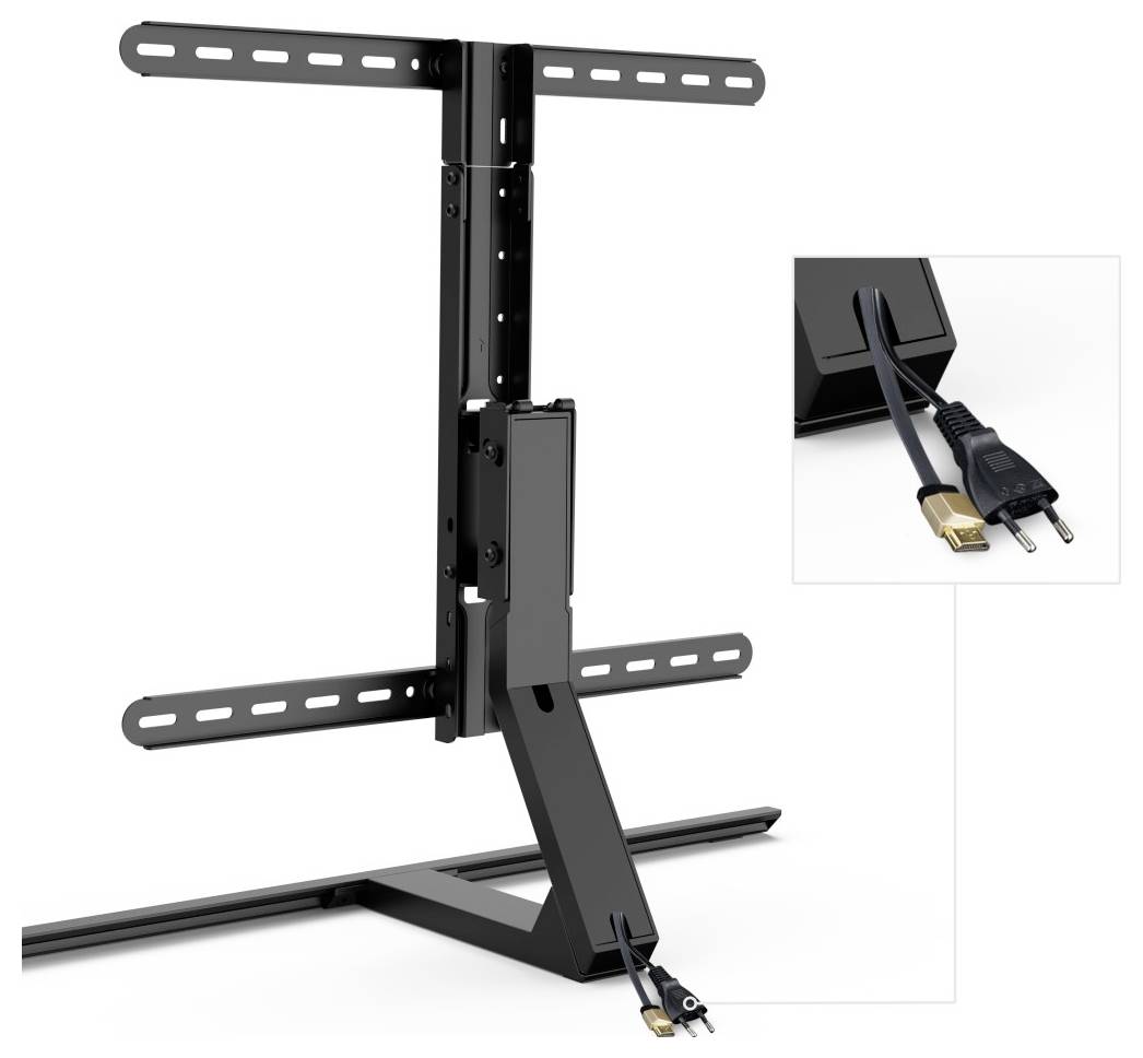Nástěnný držák na TV s kloubovým mechanismem z kovu, vhodný pro ploché televize. Vložený detail ukazuje připojovací kabely s HDMI a síťovou zástrčkou.