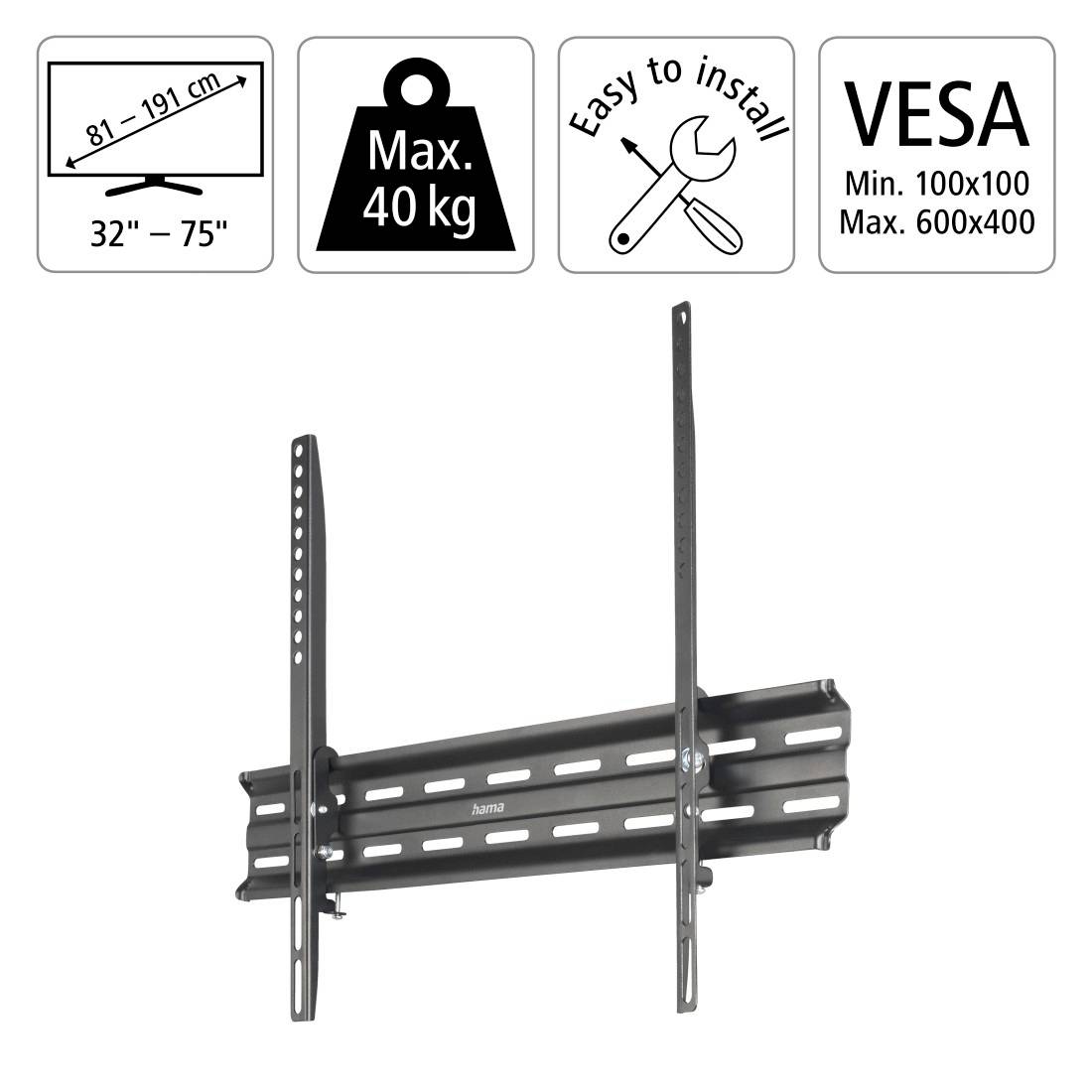 Nástěnný držák TV, vhodný pro televizory 32"-75", nosnost až 40 kg, snadná instalace, VESA uchycení min. 100x100 až max. 600x400.