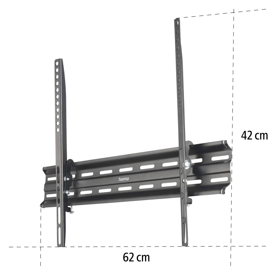 Nástěnný držák na televizi s rozměry: šířka 62 cm, výška 42 cm. Vhodný pro montáž plochých obrazovek.