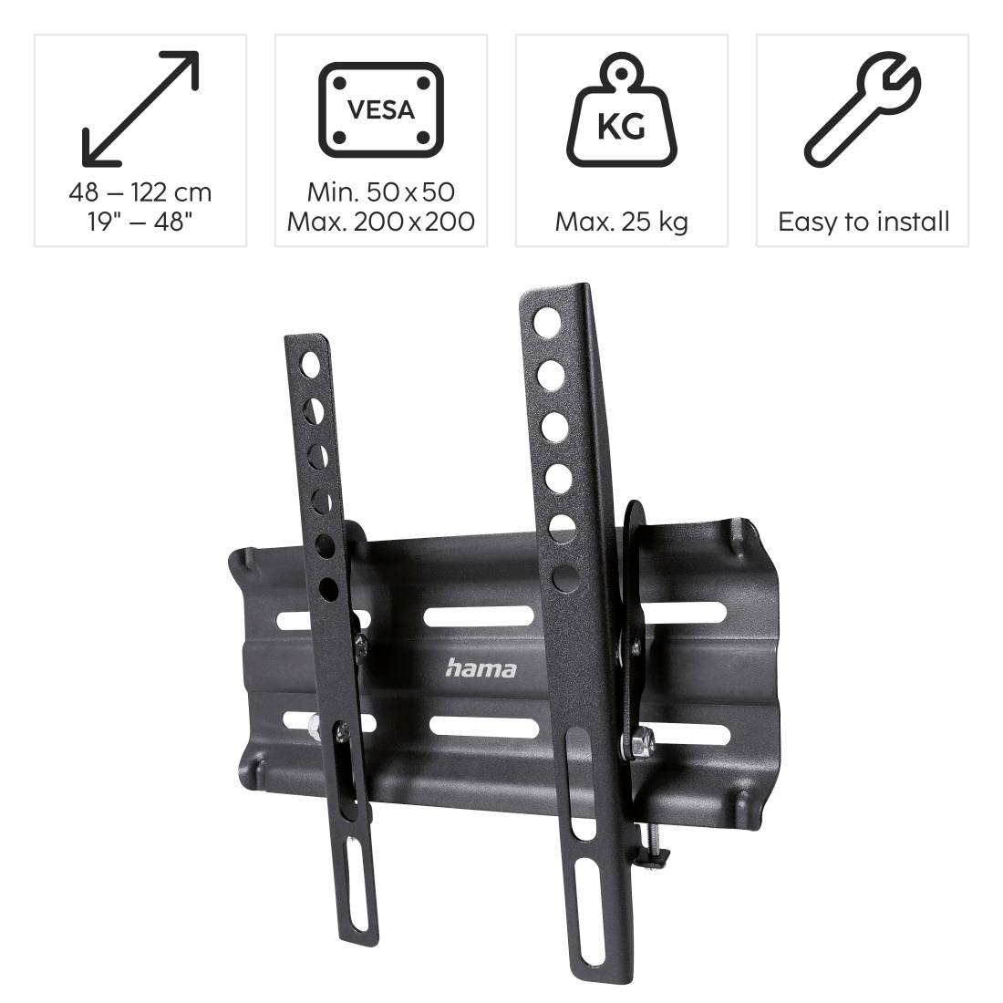 Nástěnný držák na TV pro úhlopříčky 48-122 cm (19''-48''), VESA: 50x50 až 200x200, max. 25 kg, snadná instalace.
