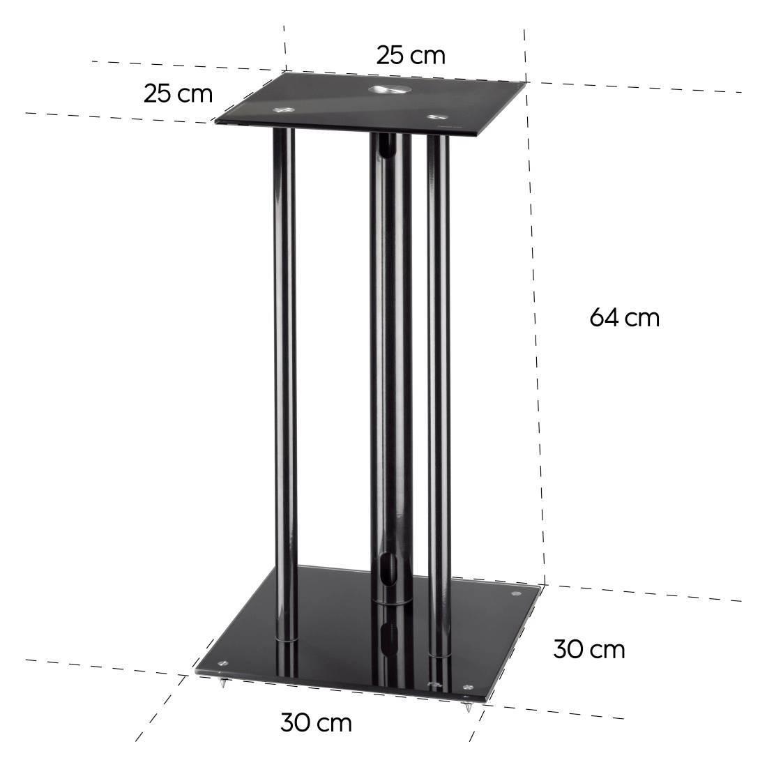 Černý stojan na reproduktory se čtvercovou základnou (30 cm) a horní deskou (25 cm), výška 64 cm, zobrazuje konstrukci a rozměry.