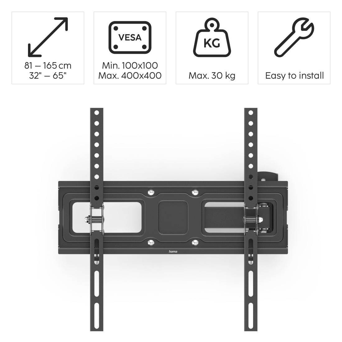 Plochý nástěnný držák TV pro obrazovky 81-165 cm (32"-65"), kompatibilní se standardy VESA 100x100-400x400, maximální nosnost 30 kg, snadná instalace.