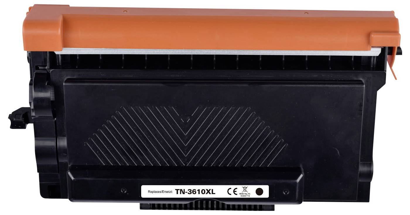 Tonerová kazeta tiskárny v obdélníkovém tvaru s oranžovým krytem, model 'TN-3610XL', vhodná pro výměnu v tiskárně.