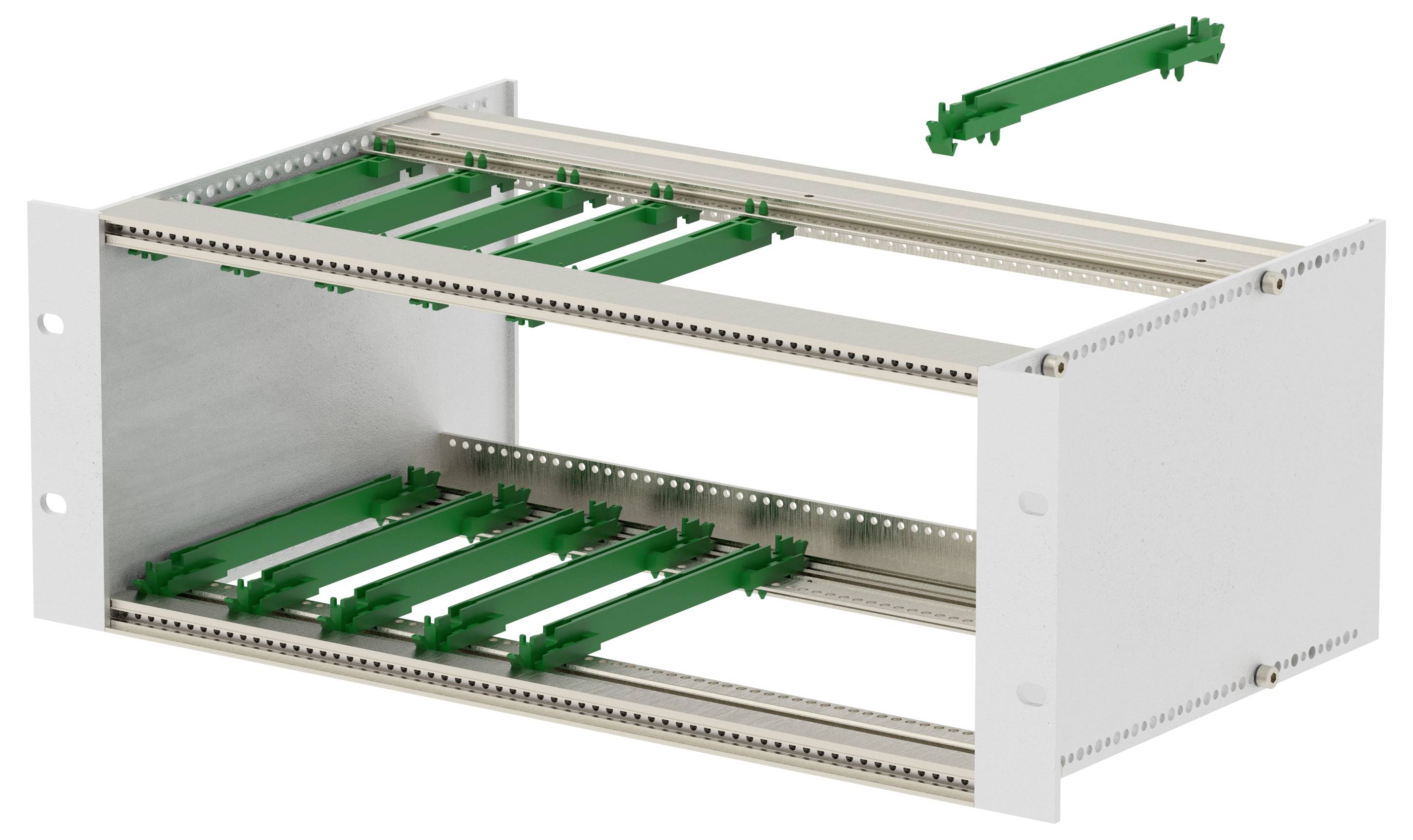 Hliníkový subrack se zelenými vodícími kartami, určený pro montáž elektronických komponentů v 19palcovém rackovém systému.