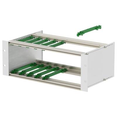 Hliníkový subrack se zelenými vodícími kartami, určený pro montáž elektronických komponentů v 19palcovém rackovém systému.