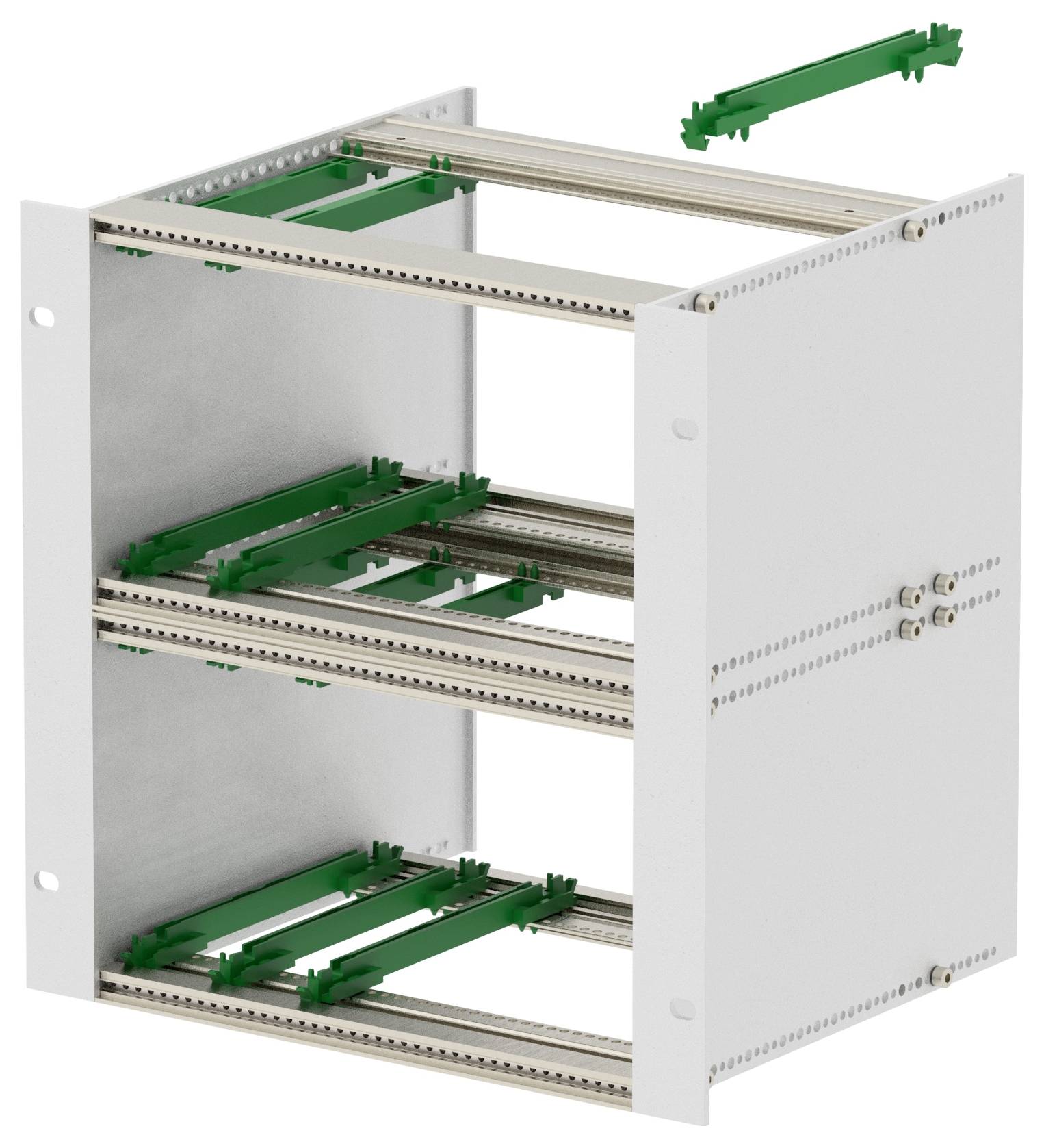 Průmyslový rám se třemi horizontálními drážkami a zelenými vodícími panely, určený pro modulární elektronické komponenty, bez nainstalovaných komponentů.