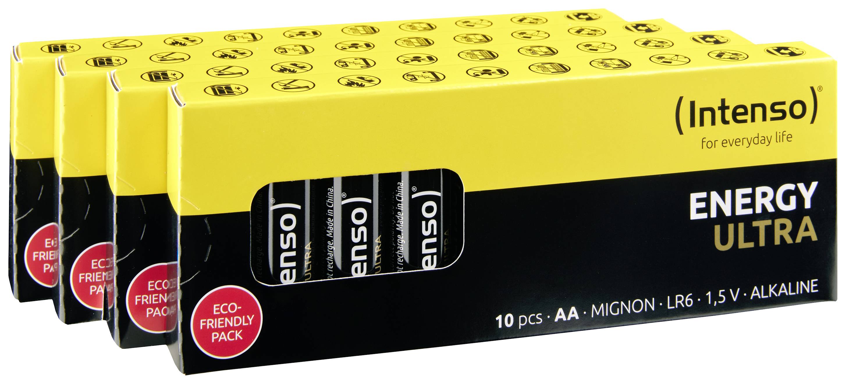 Balení alkalických baterií 'Intenso Energy Ultra', 10 kusů, velikost AA. Na přední straně je uveden odkaz na 'Eco-Friendly Pack'.