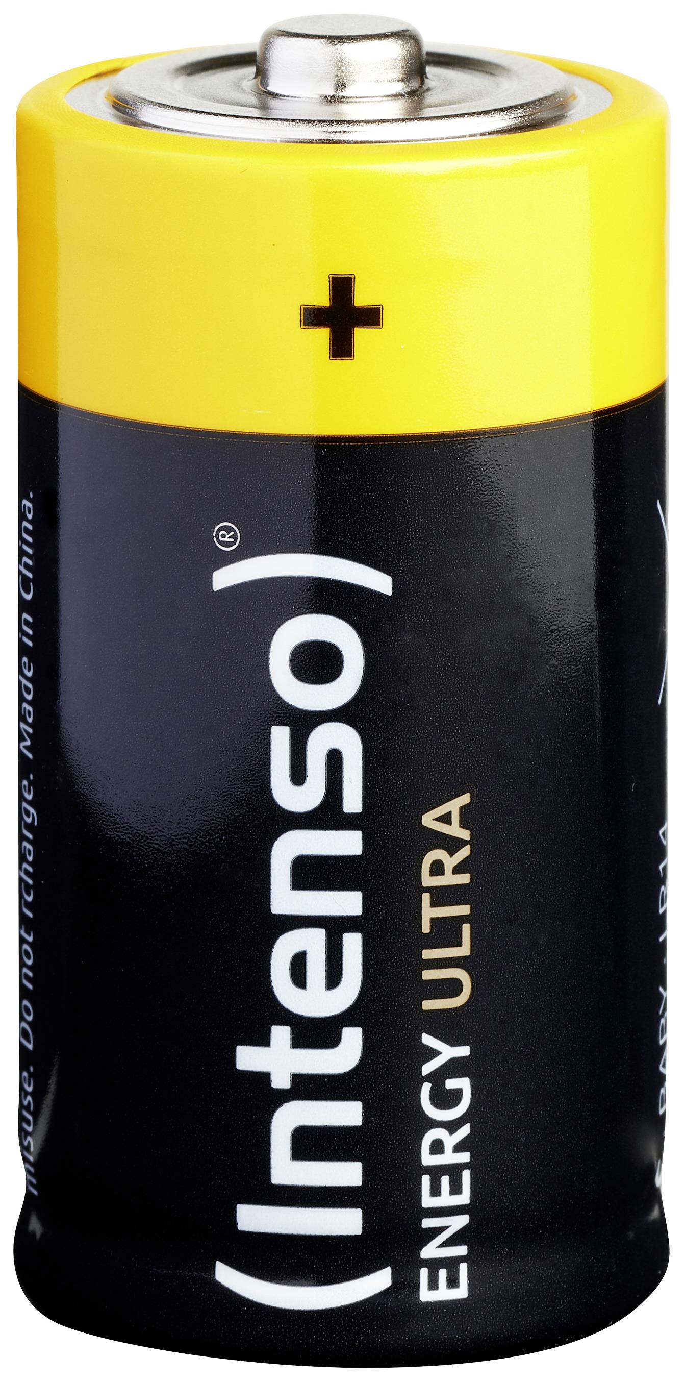 Černá baterie s žlutou hlavou, s nápisem 'Intenso Energy Ultra' a znaménkem plus nahoře na víčku.