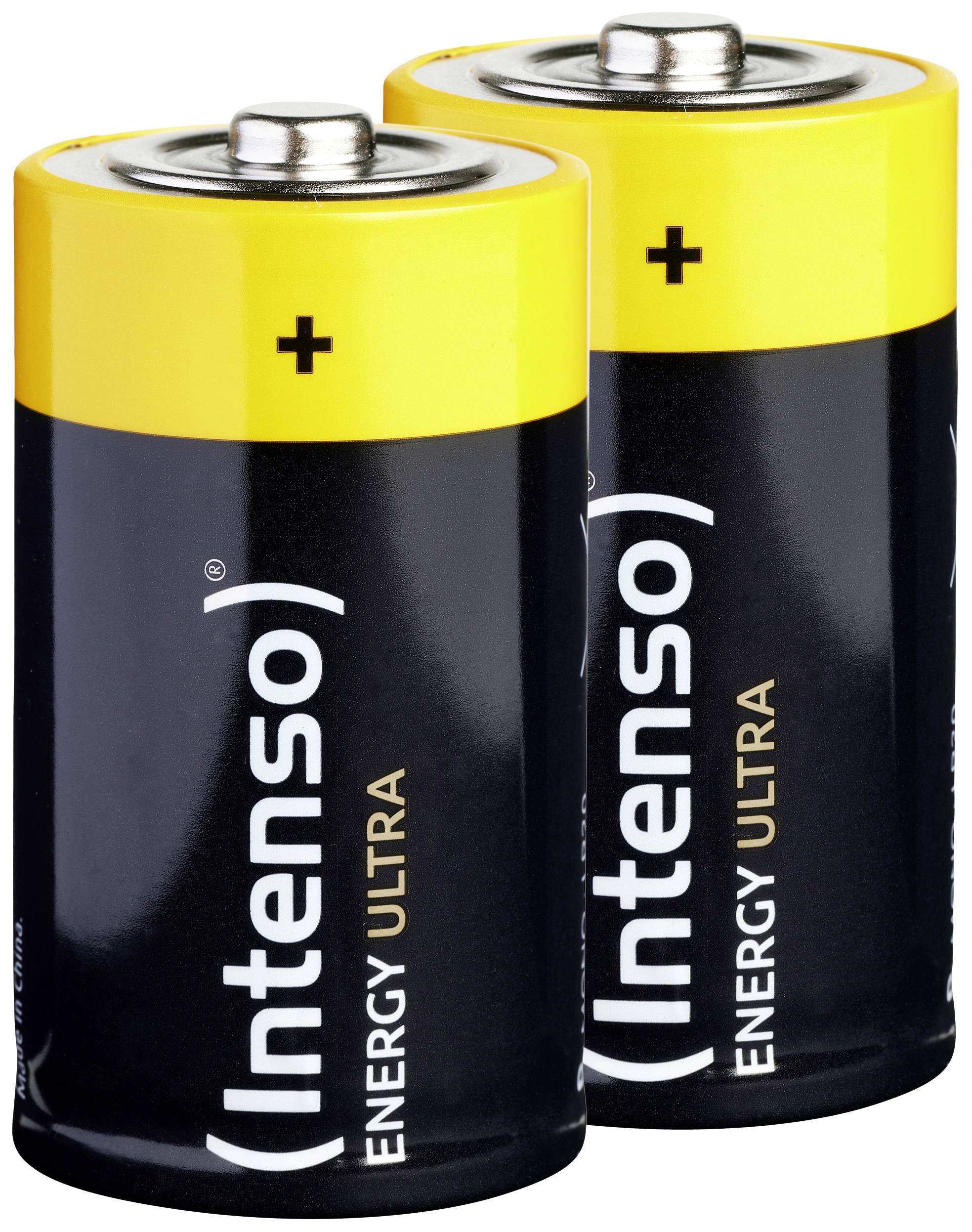 Dvě žluto-černé baterie 'Intenso Energy Ultra' umístěné vedle sebe s kladným symbolem nahoře.