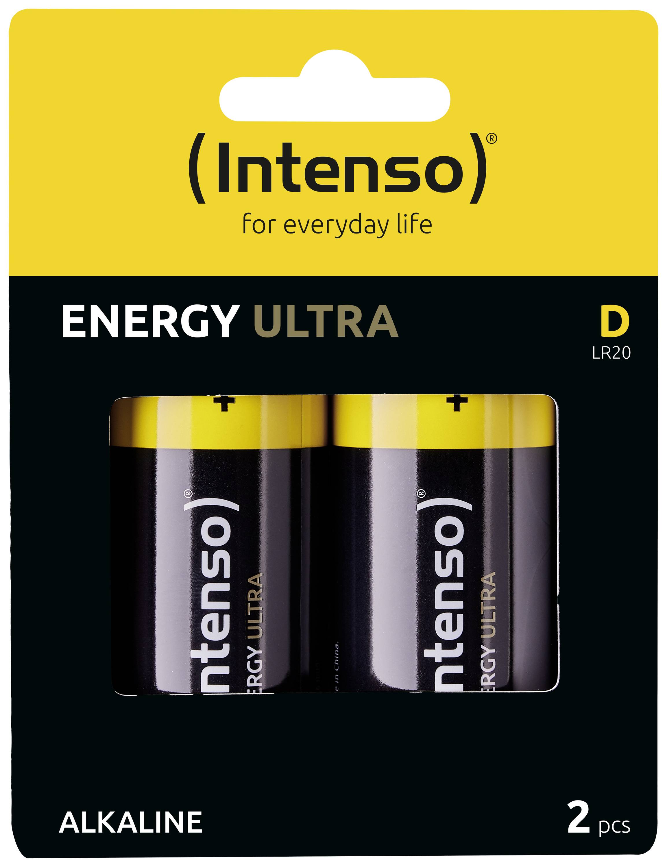Baterie 'Intenso Energy Ultra' velikosti D, balení po 2 kusech, zobrazené v černém a žlutém obalu.