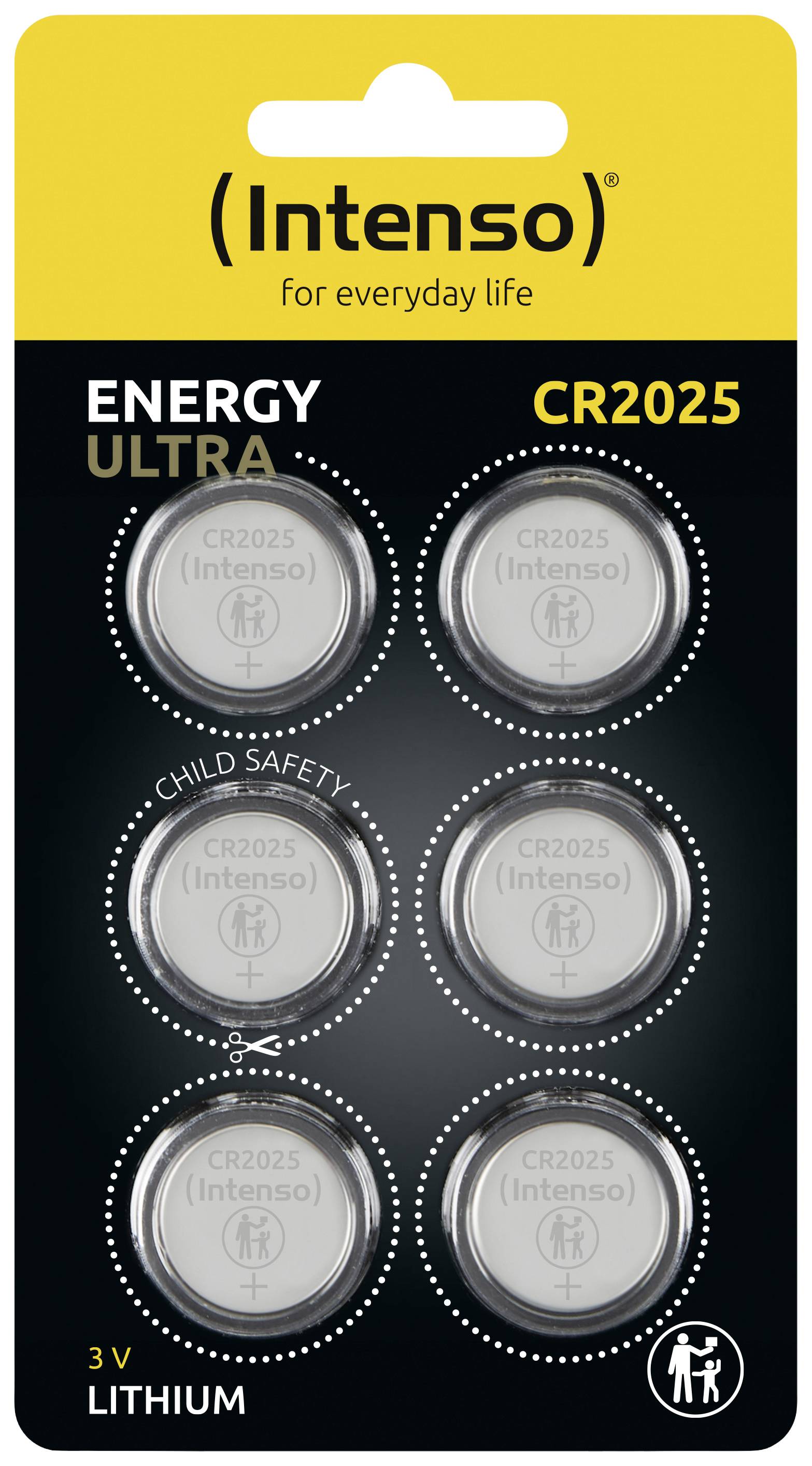 'Intenso CR2025 lithiové knoflíkové baterie, balení šesti baterií, 3V, dětsky bezpečné.'