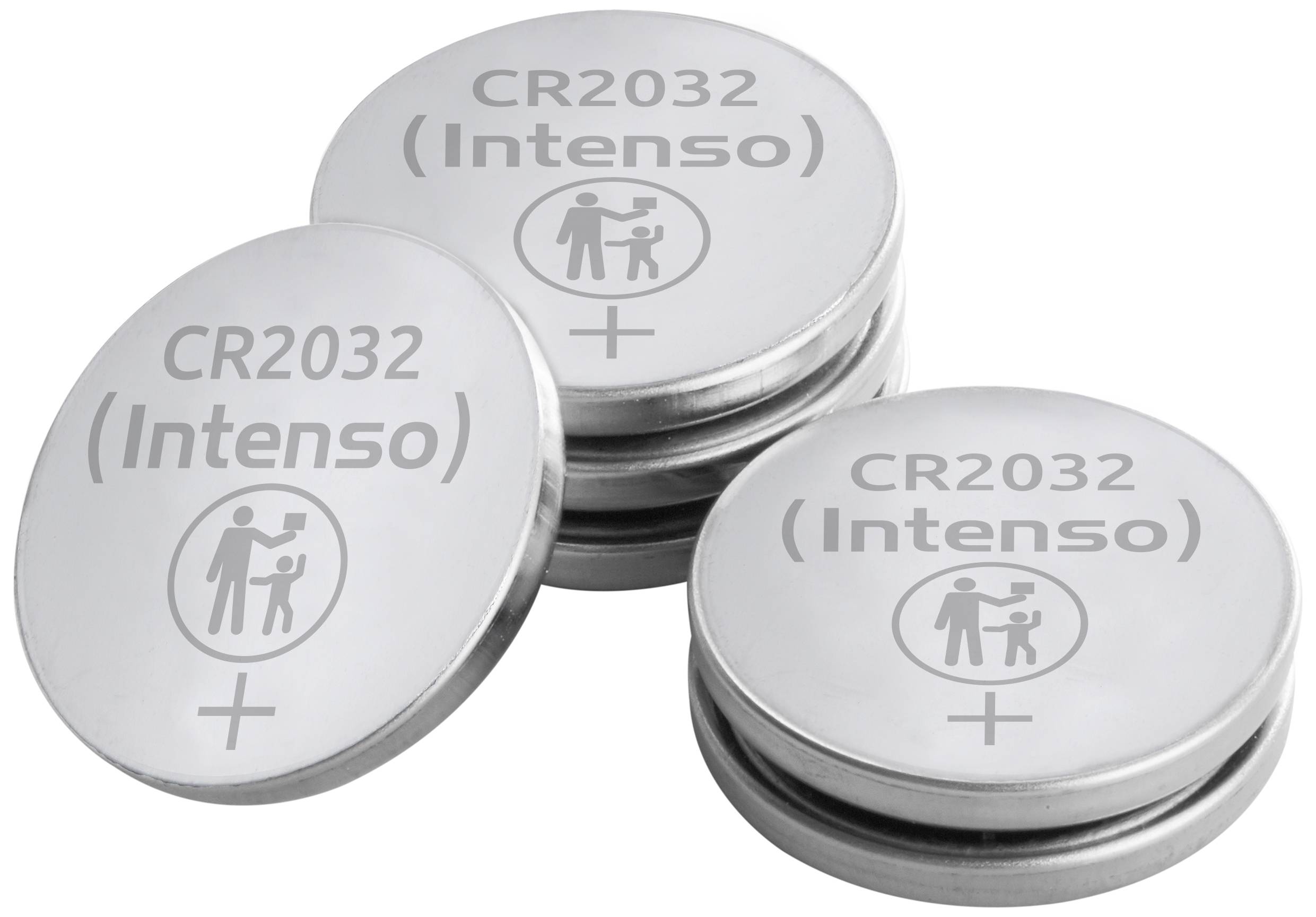 Tři stohovené knoflíkové baterie označené "CR2032 (Intenso)" vykazují symbol dětské bezpečnosti na horní straně.