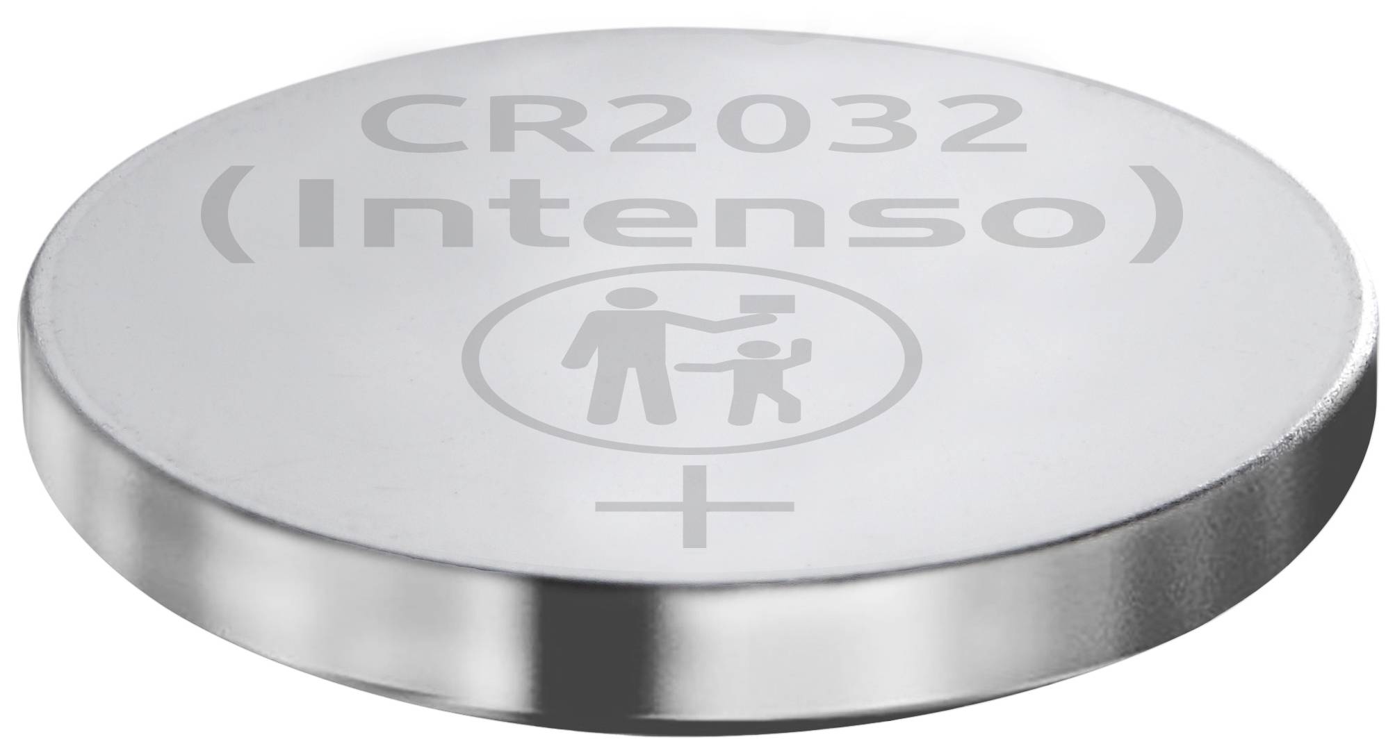 Kulatá stříbrná knoflíková baterie s nápisem 'CR2032 (Intenso)'. Symbol upozorňuje, že nepatří do dětských rukou.