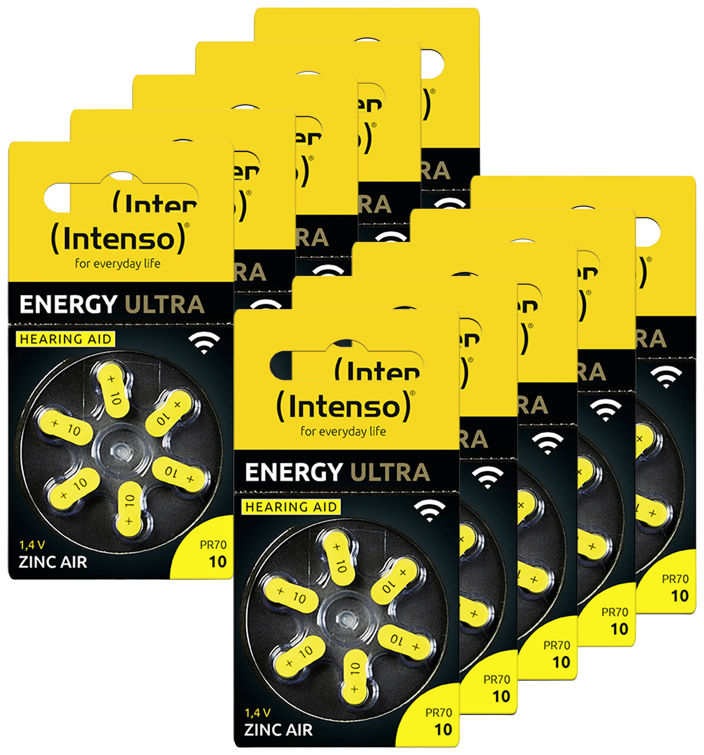 Zázvorově zbarvené balení baterií do naslouchadel značky Intenso, model 'Energy Ultra', 1,4V, typ PR70, 10 kusů v balení.