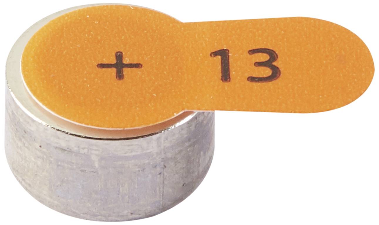 Malá stříbro-oxidová baterie s oranžovou etiketou s nápisem „+ 13".