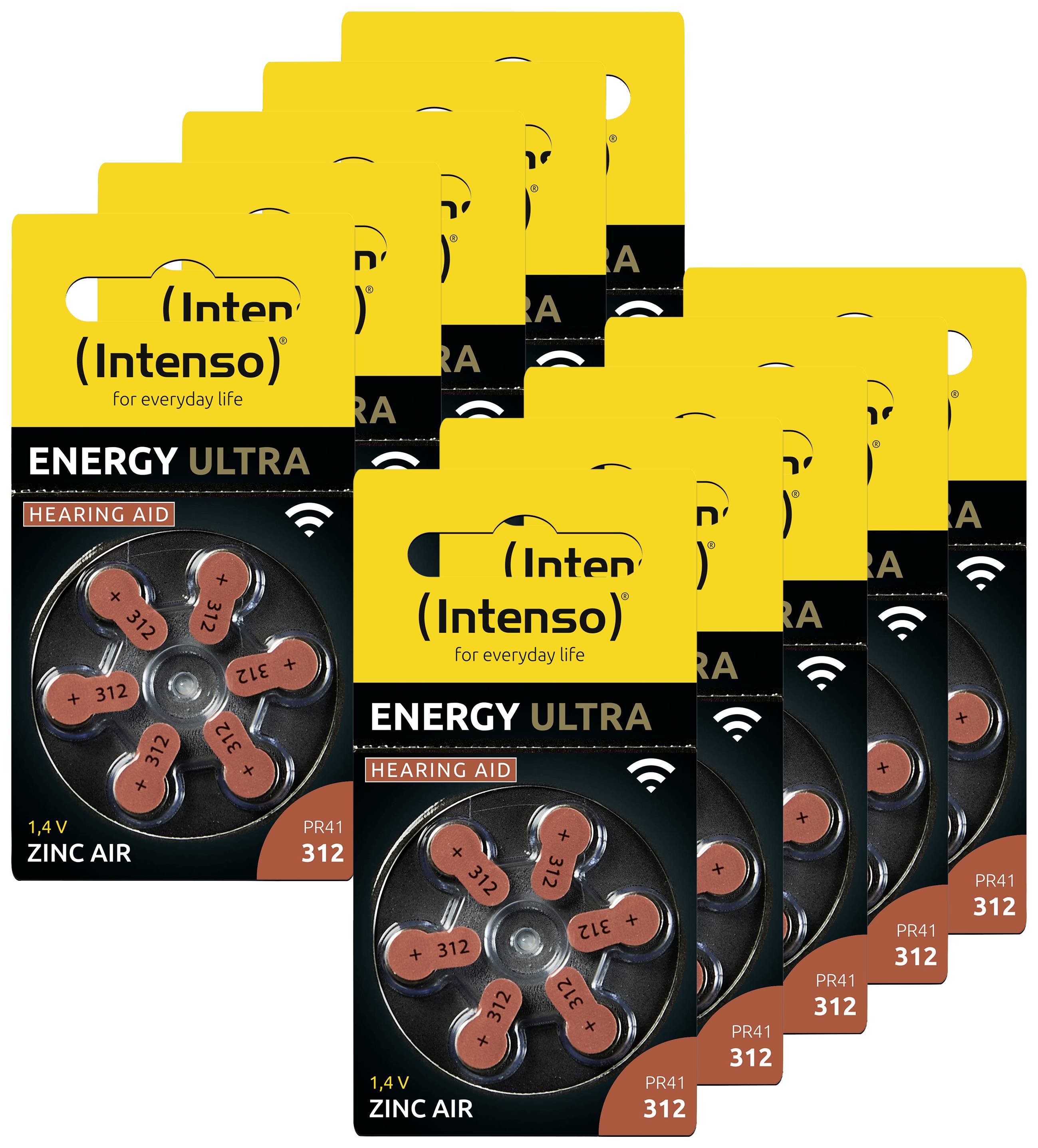 Několik balení baterií Intenso Energy Ultra pro naslouchadla, typ PR41, 312 Zinc Air, v žluto-černém obalu.