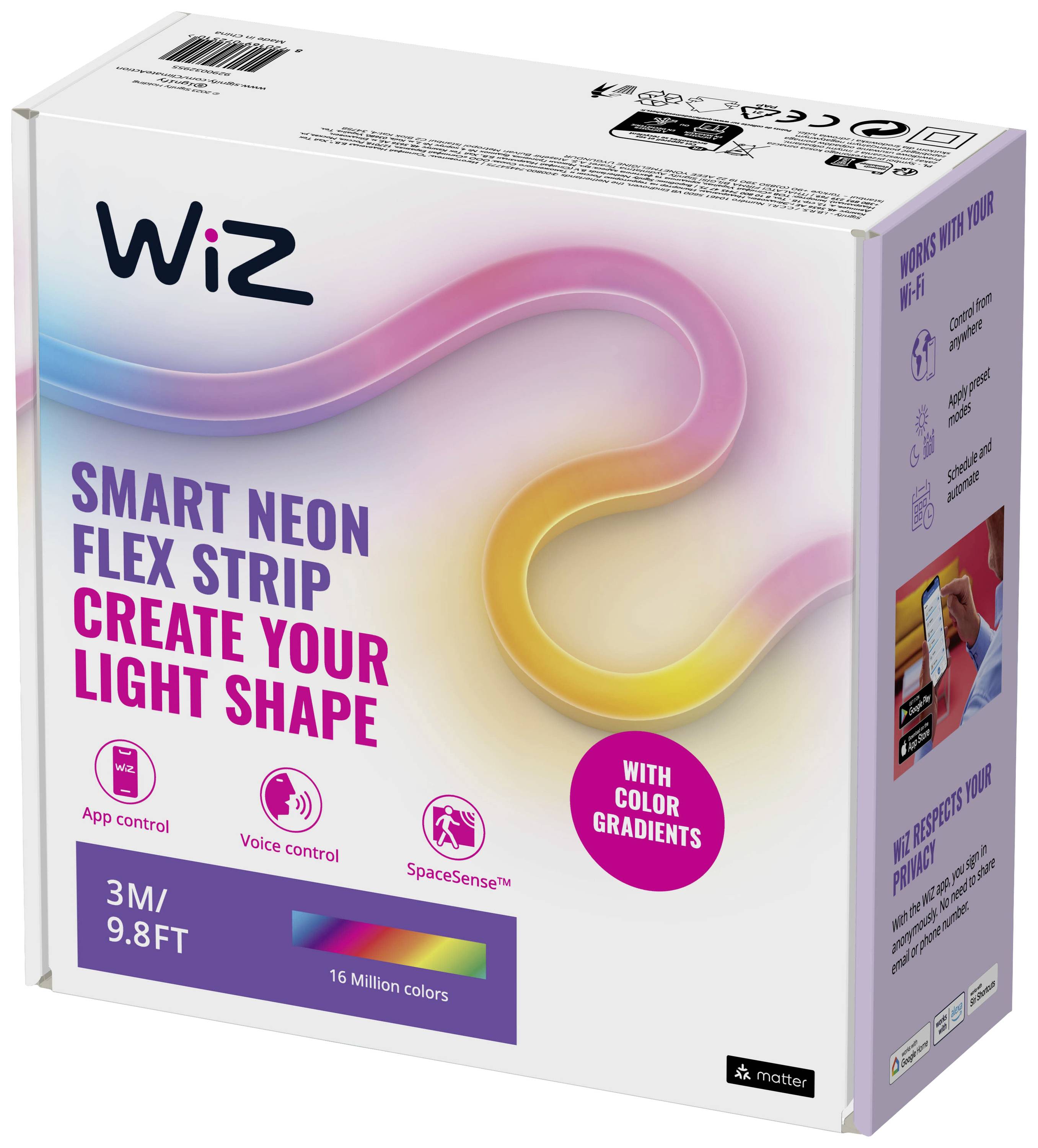 Obal 'WiZ Smart Neon Flex Strip' ukazuje LED světelný pás o délce 3 m s 16 miliony barev. Funkce: ovládání přes aplikaci, hlasové ovládání a barevné přechody.