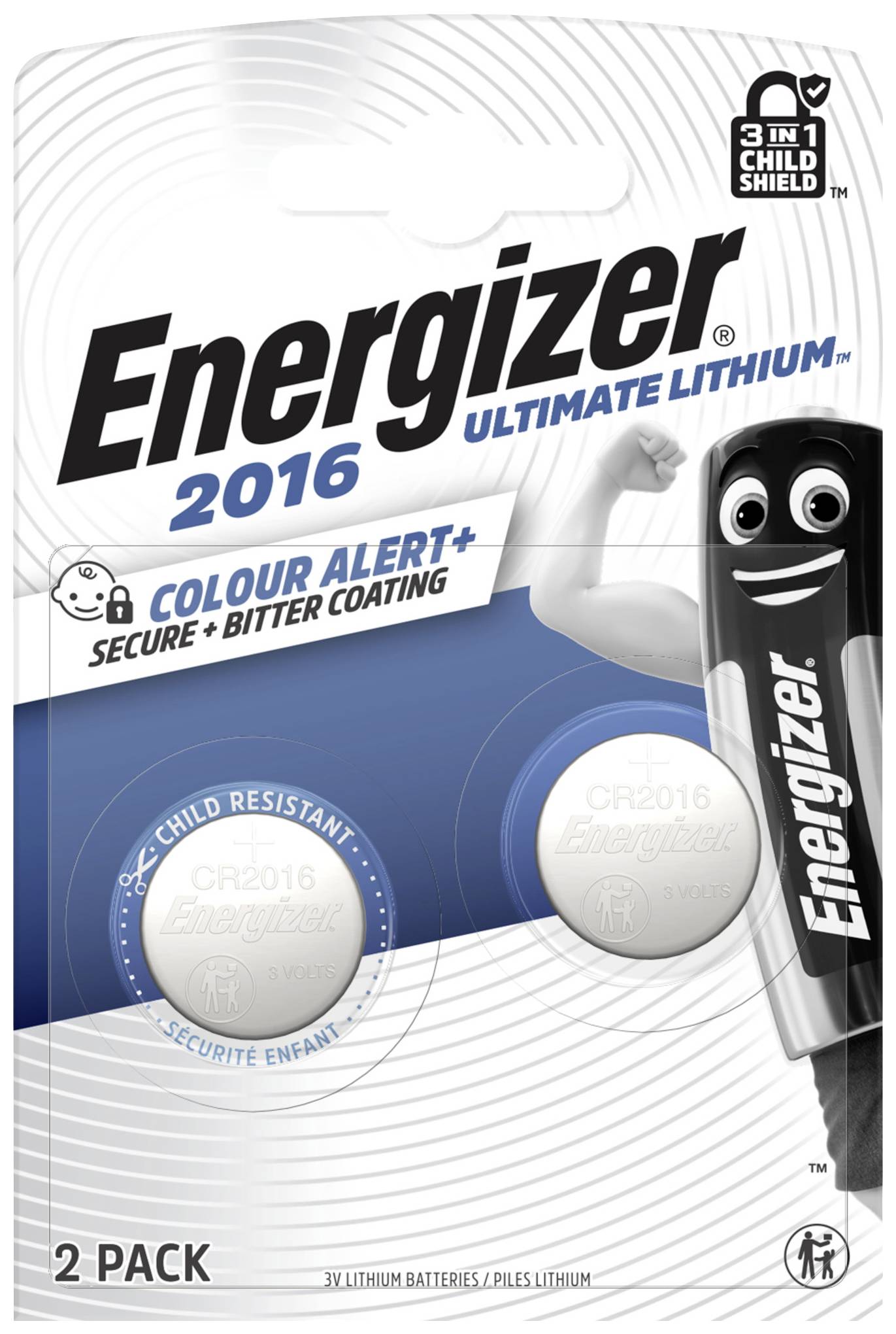 Produktový obal pro lithiové baterie Energizer 2016 Ultimate, balení po 2 kusech, s bezpečnostní a ochrannou vrstvou.