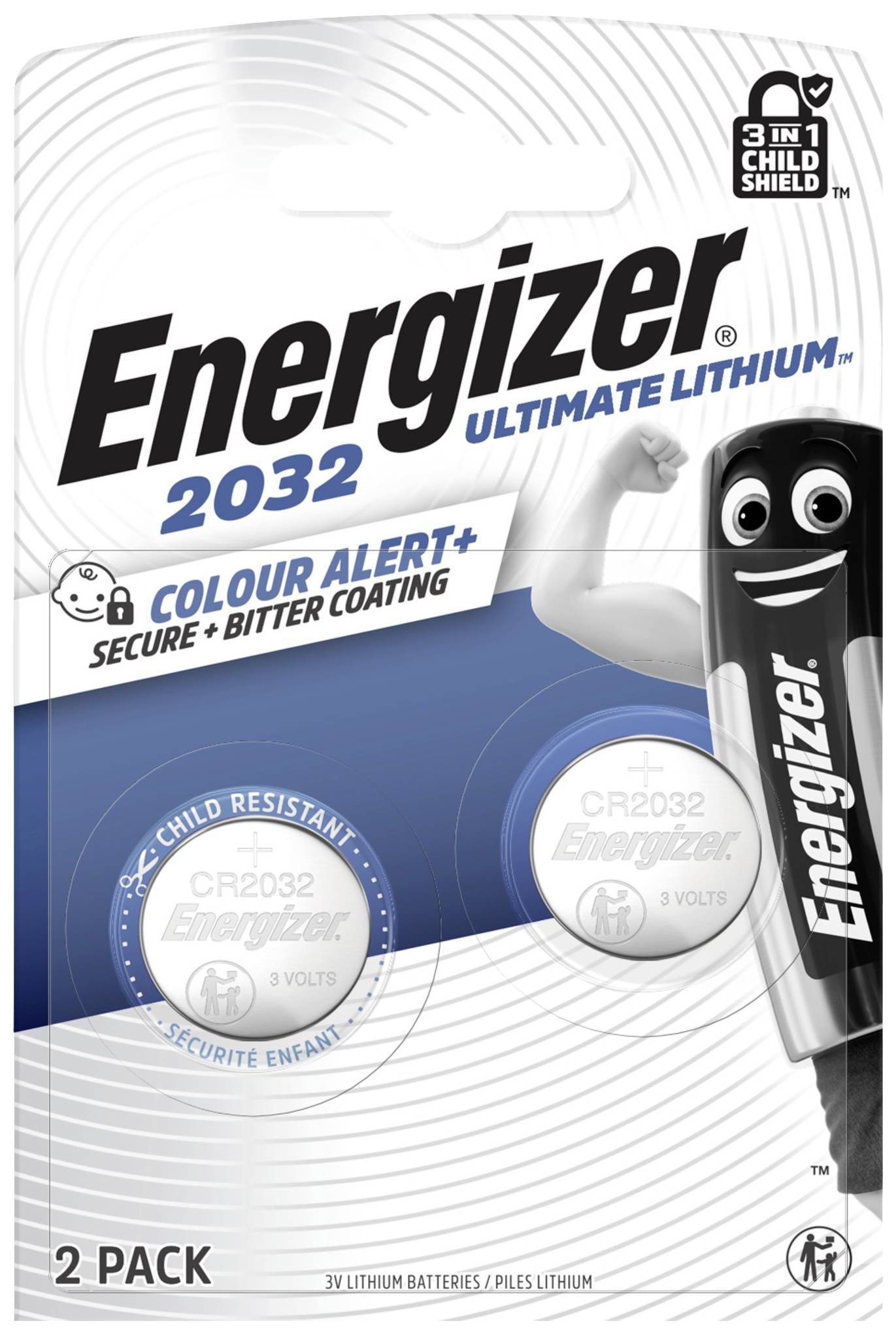 Balení obsahuje dvě lithiové baterie Energizer Ultimate CR2032, 3 V. Opatřeno dětskou pojistkou a hořkou vrstvou pro odrazení konzumace.