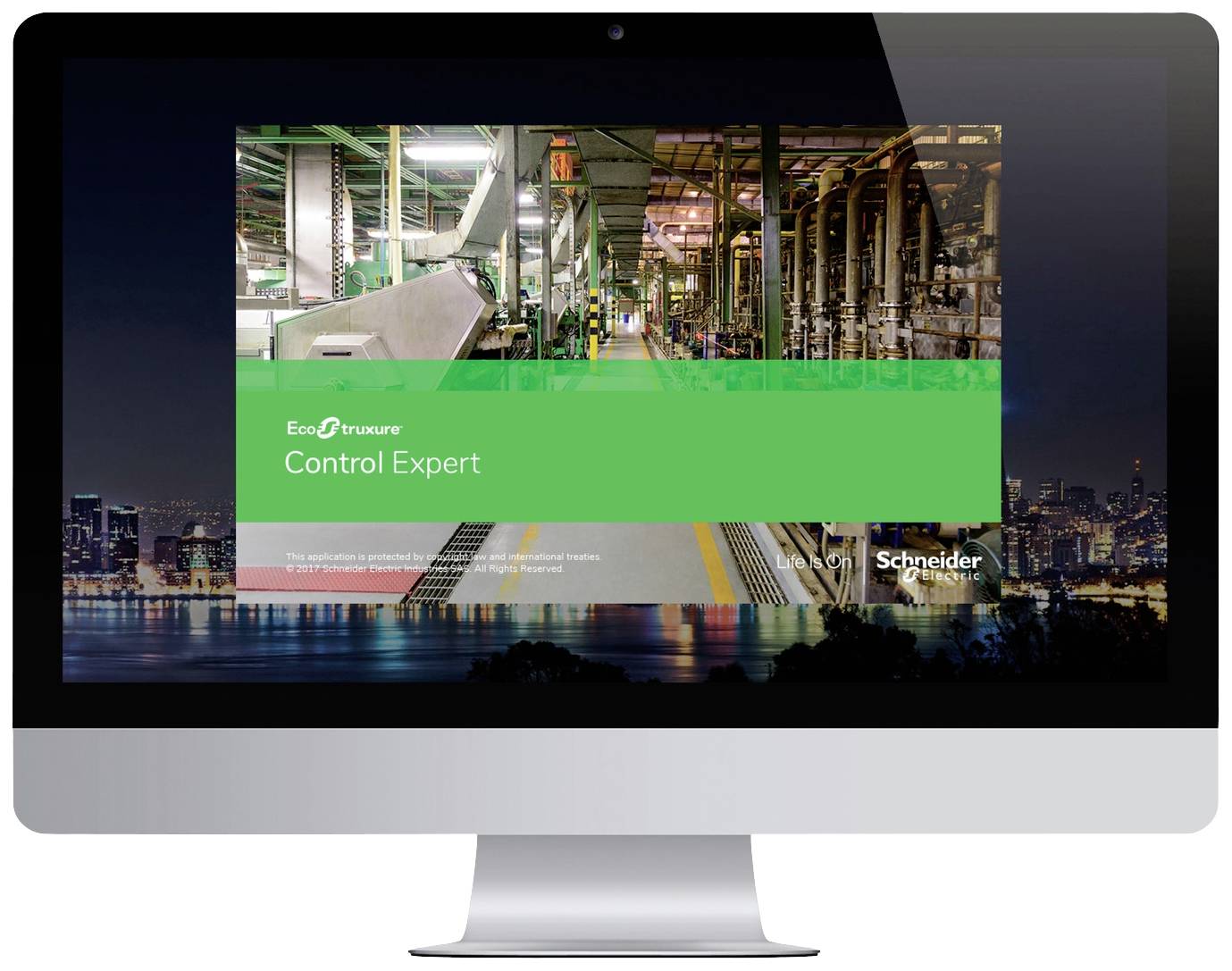Počítačová obrazovka zobrazuje úvodní stránku 'EcoStruxure Control Expert' s obrázkem průmyslového zařízení a logy Unity a Schneider.