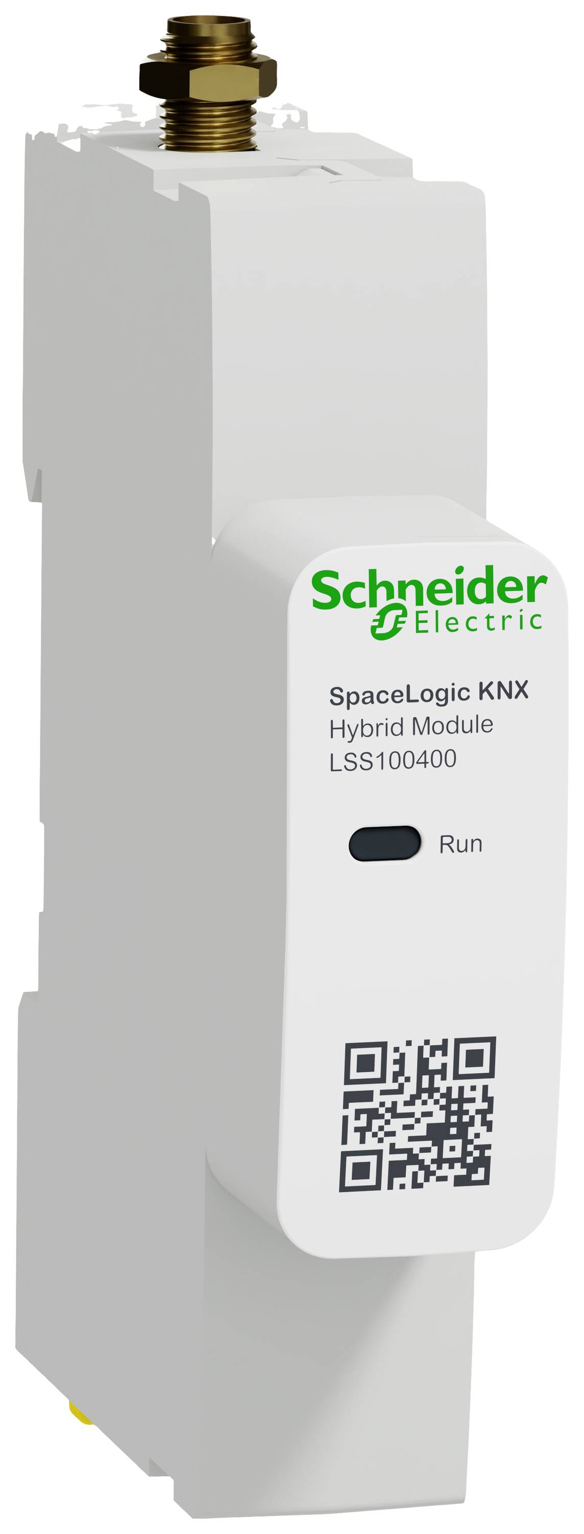 Bílý elektronický modul s logem Schneider Electric, QR kódem a označením 'SpaceLogic KNX Hybrid Module LSS100400'.