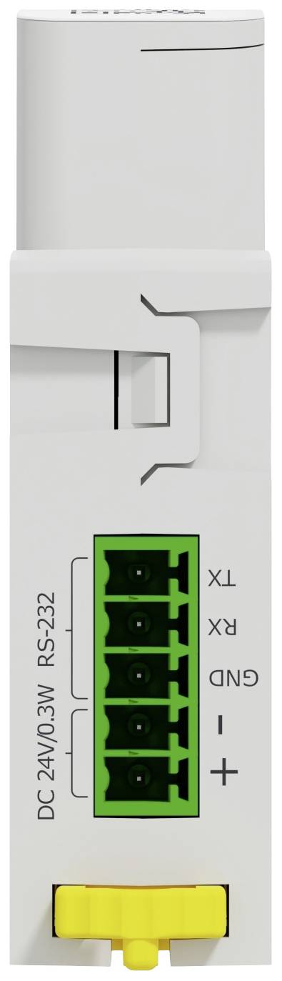 Bílé elektrické zařízení se zelenými připojovacími svorkami, označené štítky 'TX', 'RX', 'GND', '+' a '-'. Nahoře nápis 'DC 24V/0.3W RS-232'.
